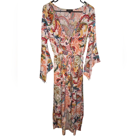 Beautiful Expresso dip hem dress with split flare sleeves and paisley pattern, M - Picture 9 of 9